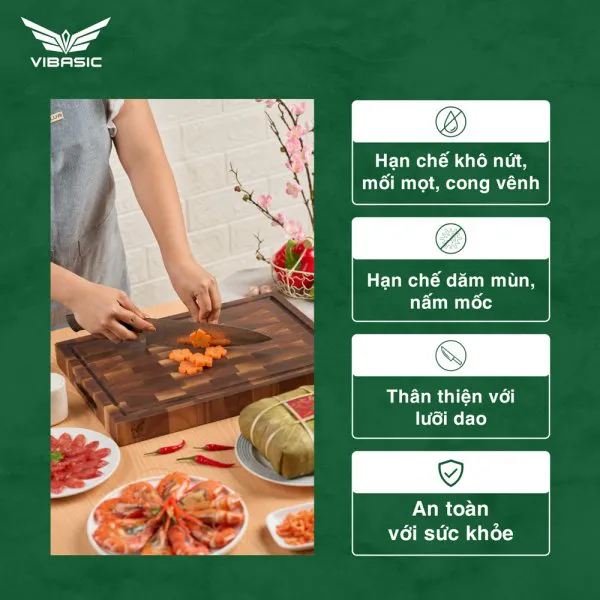 Thớt gỗ Tràm keo Vibasic ghép dựng block kích thước 300x200x25mm