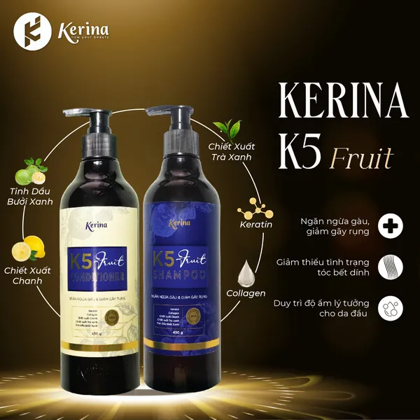 Combo 2 chai Dầu gội và Dầu xả Kerina K5 Fruit Ngăn ngừa gàu và Giảm gãy rụng
