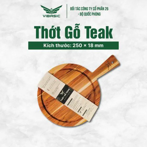 Thớt gỗ Teak Vibasic ghép ngang solid có tay cầm kích thước 250x18mm