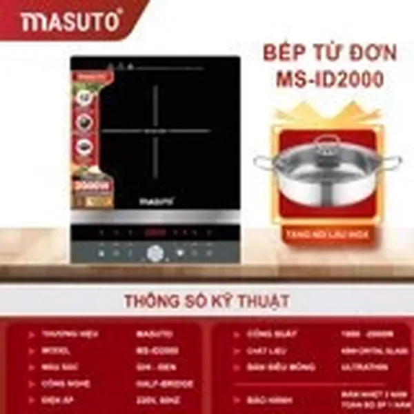 Bếp từ đơn Masuto MS-ID2000 (tặng 1 bộ nồi Inox kèm nắp kính 30cm)