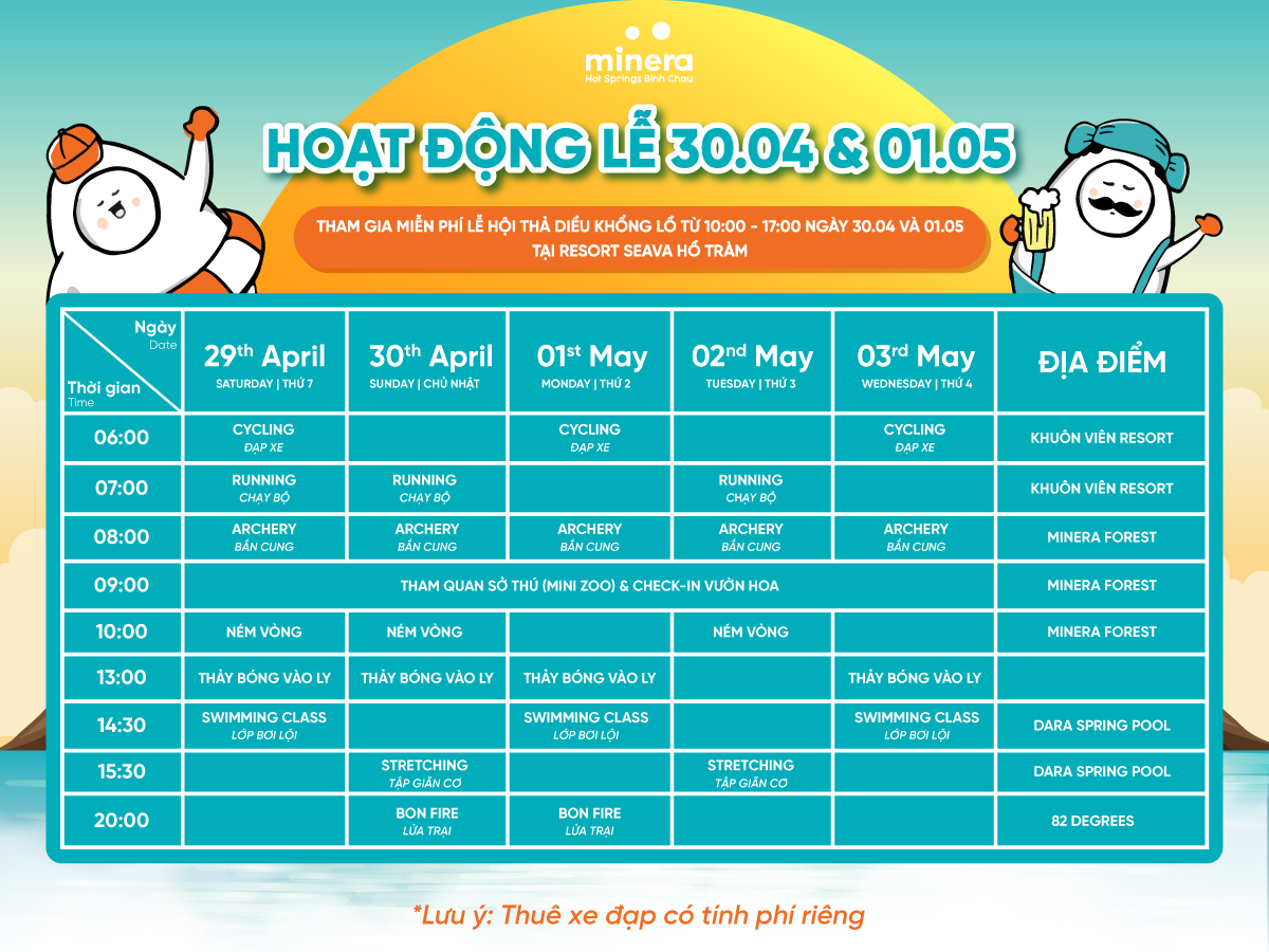 Lịch hoạt động Minera Hot Spring Bình Châu dịp lễ 30 tháng 4 năm 2023