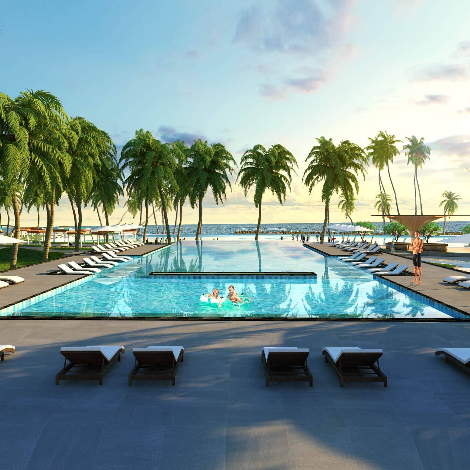 Hồ bơi trung tâm 600m2 nhìn thẳng ra biển rất đẹp Hồ bơi trung tâm 600m2 nhìn thẳng ra biển rất đẹp