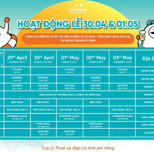 Lịch hoạt động Minera Hot Spring Bình Châu dịp lễ 30 tháng 4