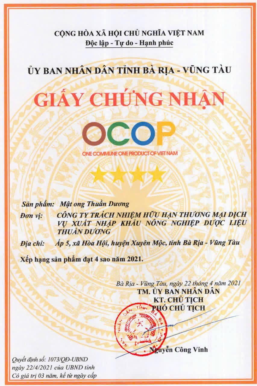 Chứng nhận OCOP của tinh bộ nghệ mật ong đặc sản Xuyên Mộc Chứng nhận OCOP của tinh bộ nghệ mật ong đặc sản Xuyên Mộc