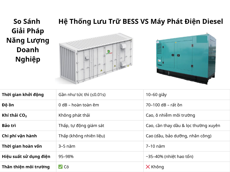 Bảng so sánh chi tiết hệ thống BESS và máy phát điện diesel Bảng so sánh chi tiết hệ thống BESS và máy phát điện diesel