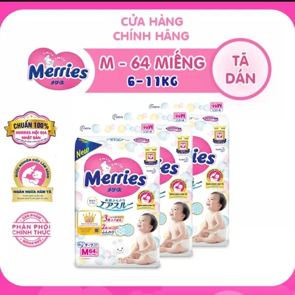 Bỉm - Tã dán Merries tiêu chuẩn size M 64 miếng