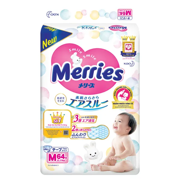 Bỉm - Tã dán Merries tiêu chuẩn size M 64 miếng