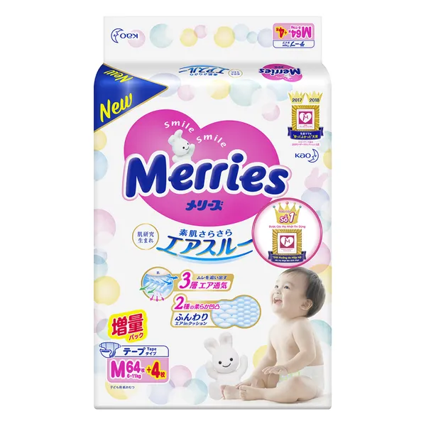Bỉm - Tã dán Merries cộng miếng size M 64 cộng 4 miếng (cho bé 6-11kg)