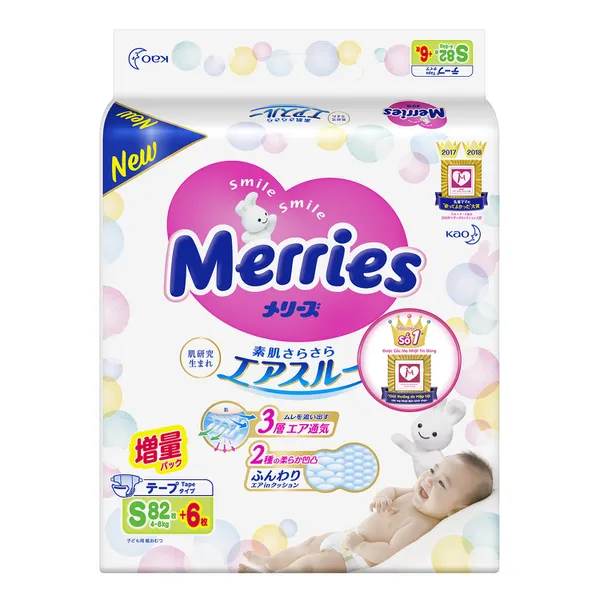 Bỉm - Tã dán Merries cộng miếng size S 82 cộng 6 miếng (cho bé 4 - 8kg)