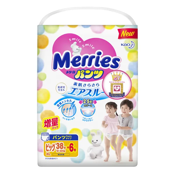 Bỉm - Tã quần Merries cộng miếng size  XL 38 cộng miếng (cho bé 12 - 22kg)