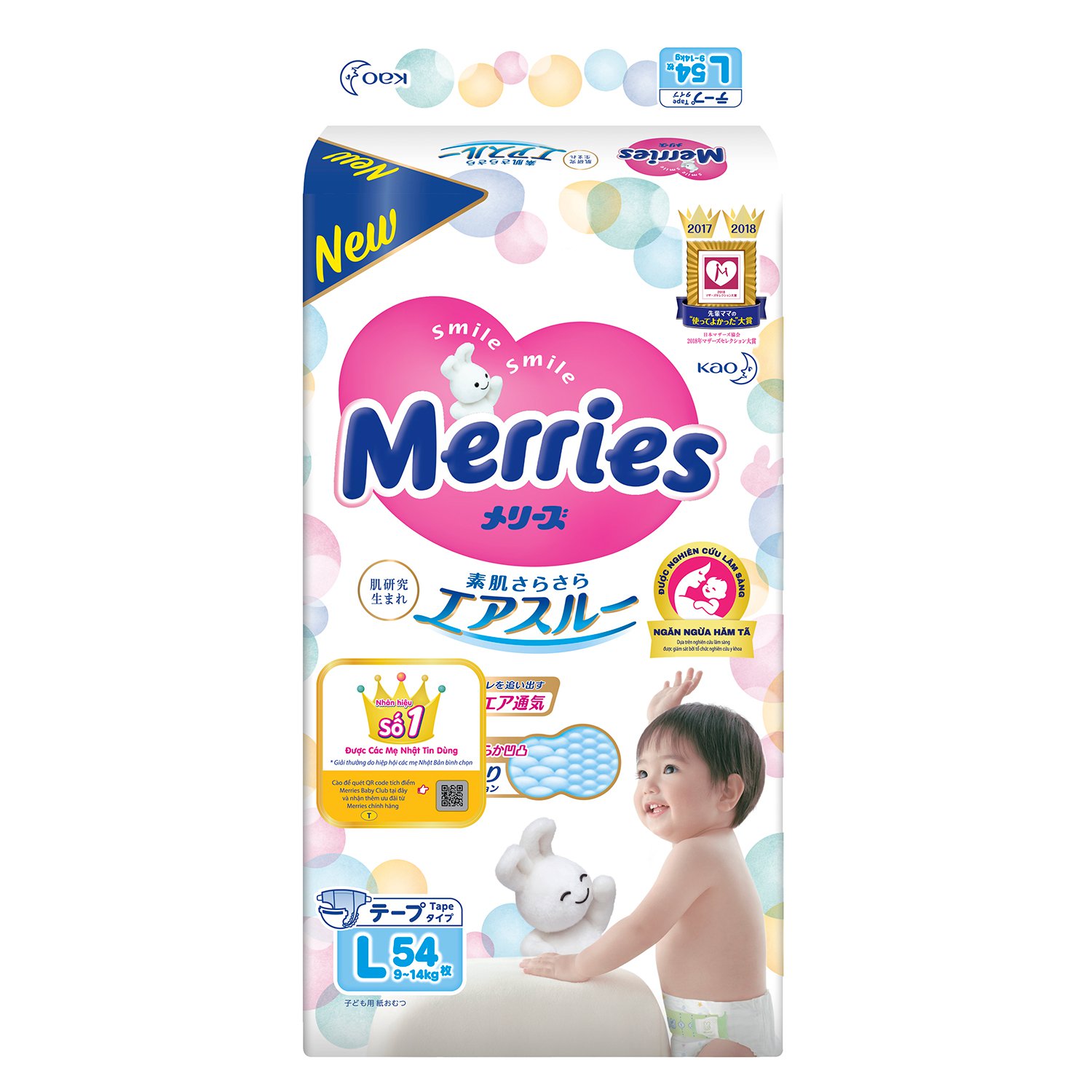 Bỉm - Tã dán Merries tiêu chuẩn size L 54 miếng