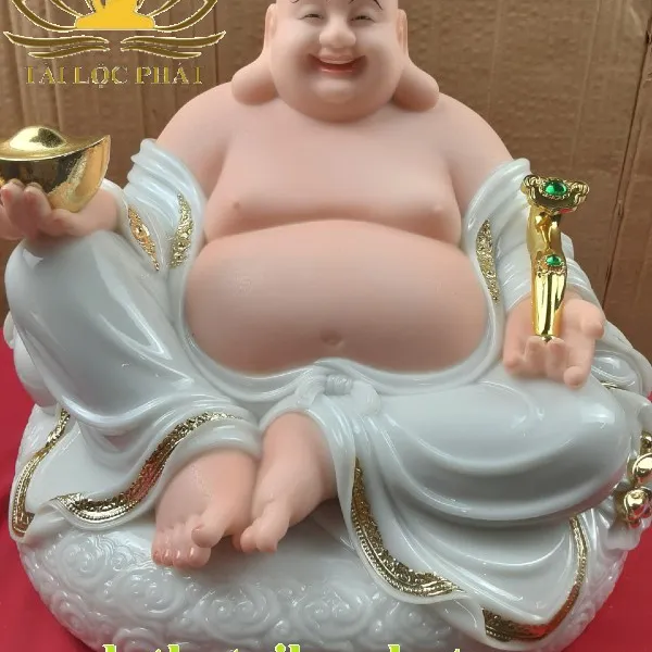 Tượng di lặc trắng viền vàng thỏi vàng như ý