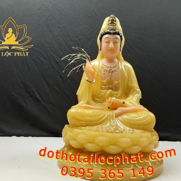 Tượng Mẹ Quan Âm ngồi đài sen đá thạch anh dát vàng