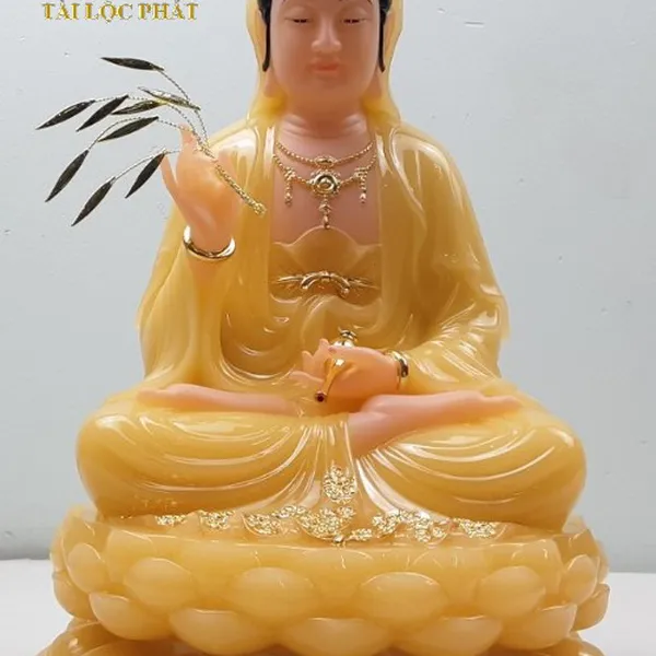 Tượng Mẹ Quan Âm ngồi đài sen đá thạch anh dát vàng
