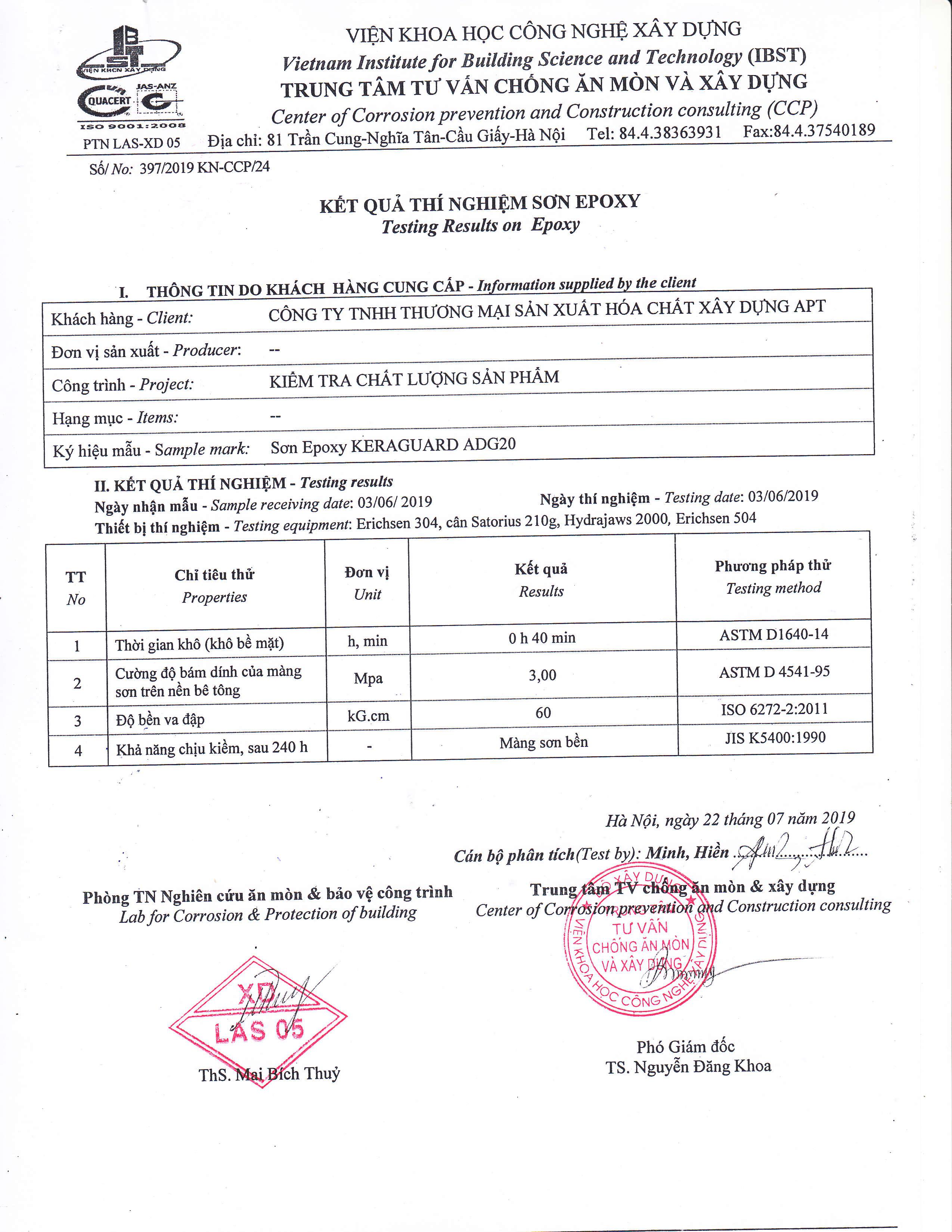 Kết quả thí nghiệm sơn epoxy ADG20. Kết quả thí nghiệm sơn epoxy ADG20.