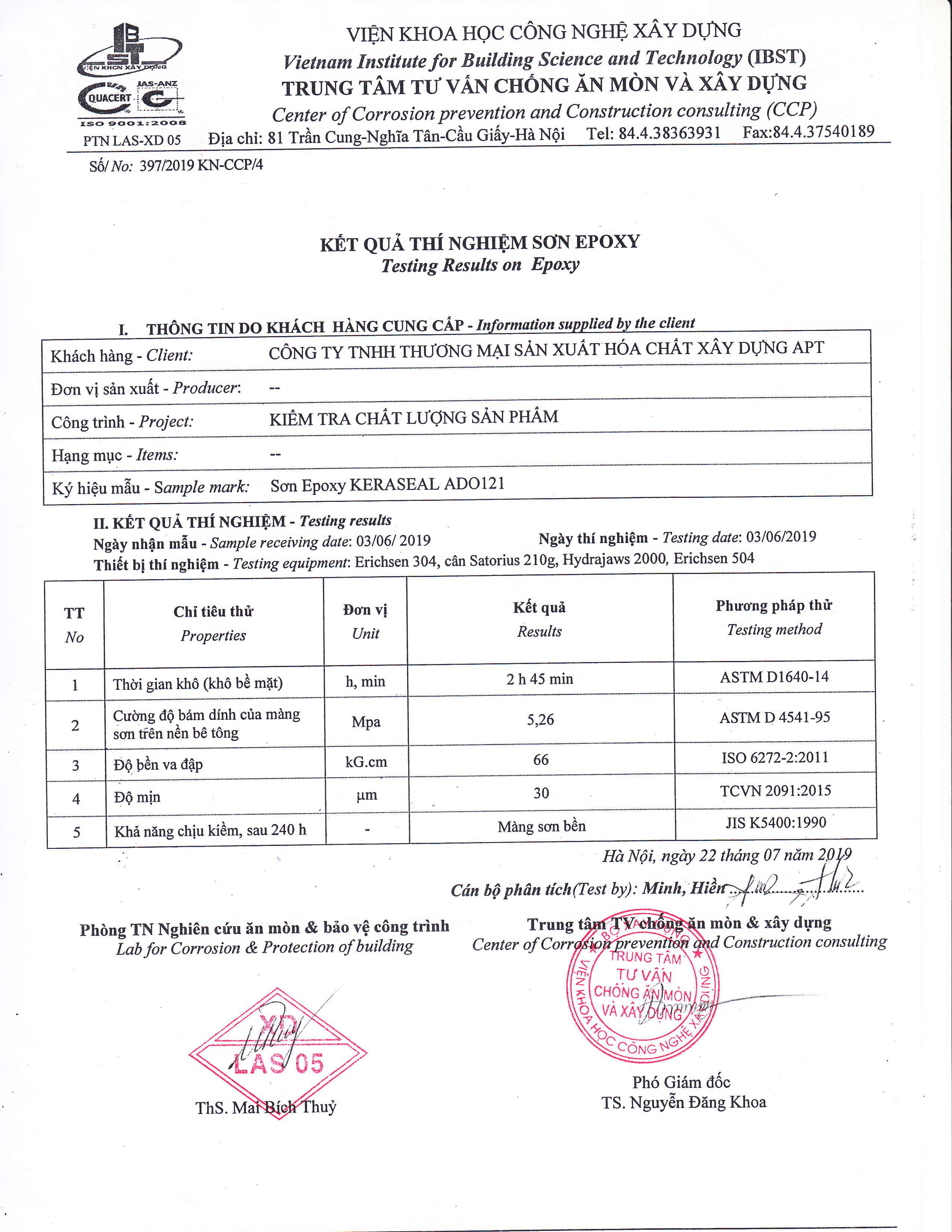 Kết quả thí nghiệm sơn epoxy ADO121. Kết quả thí nghiệm sơn epoxy ADO121.