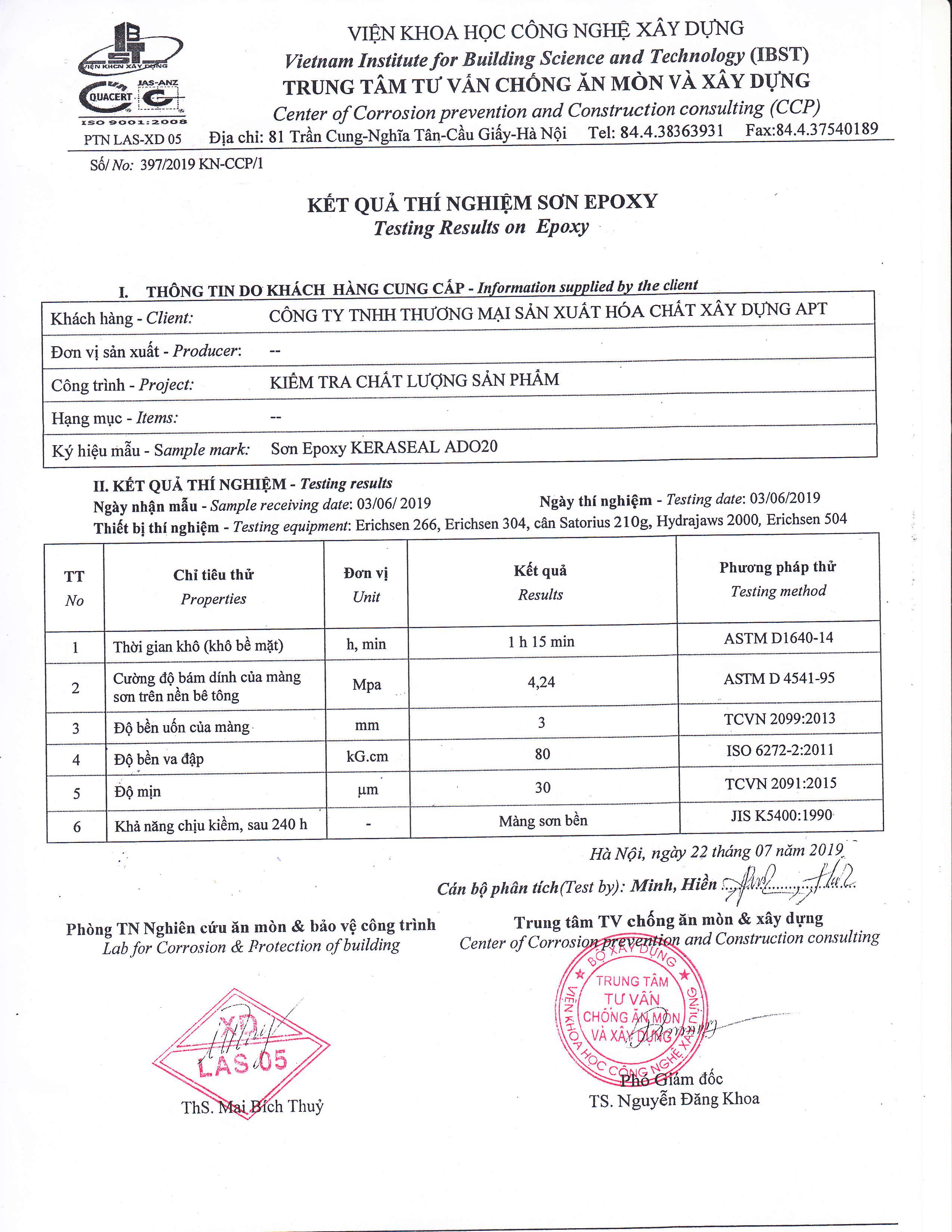 Kết quả thí nghiệm sơn epoxy ADO20. Kết quả thí nghiệm sơn epoxy ADO20.
