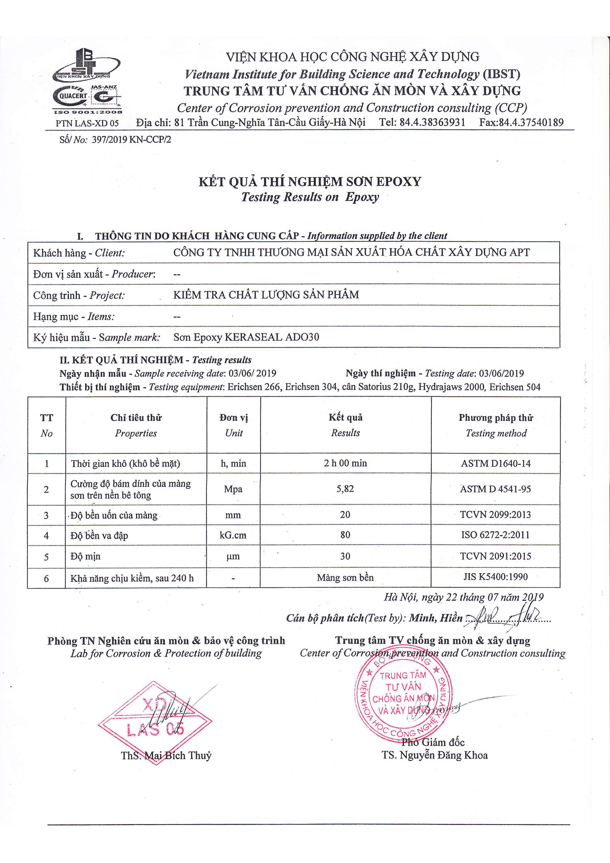 Kết quả thí nghiệm sơn epoxy ADO30. Kết quả thí nghiệm sơn epoxy ADO30.