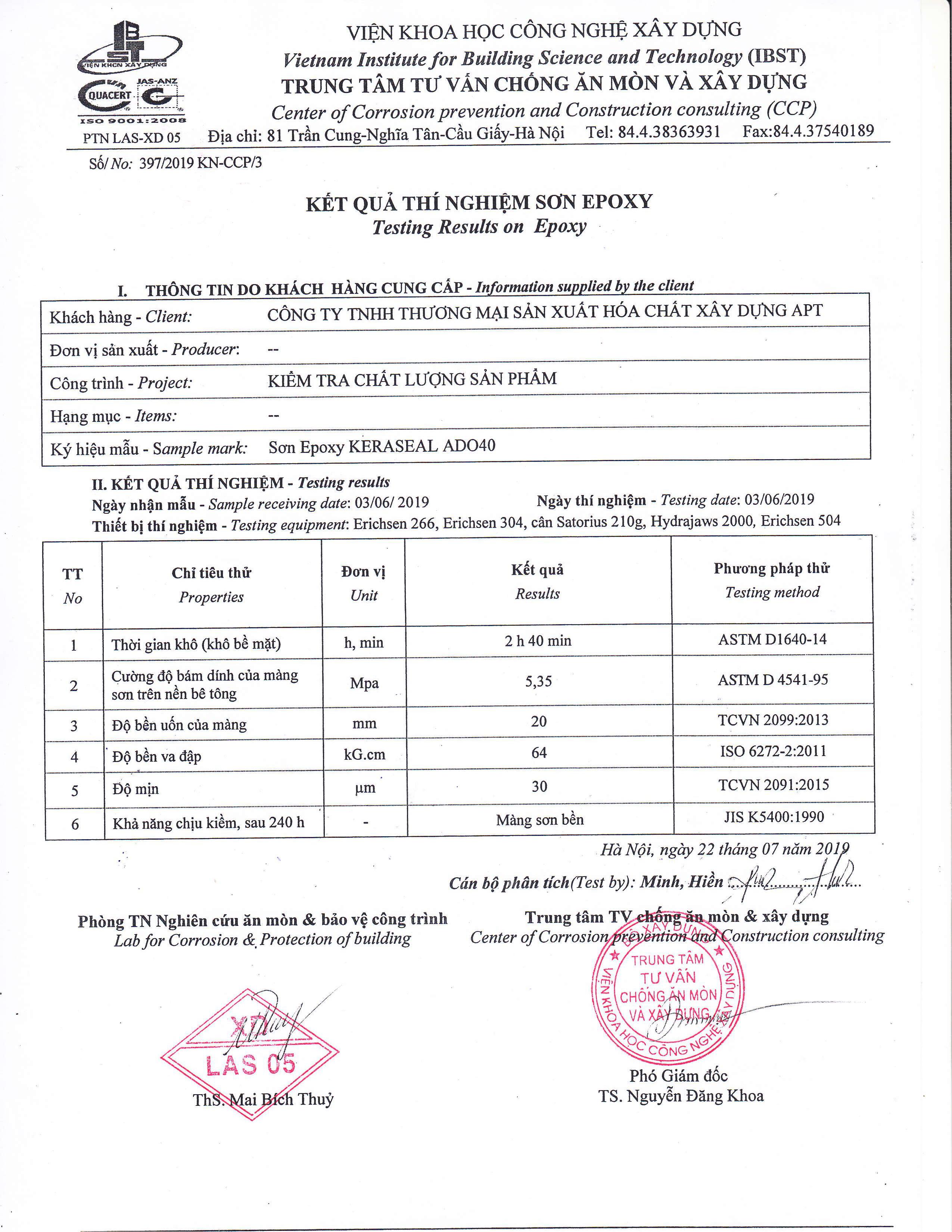 Kết quả thí nghiệm sơn epoxy ADO40. Kết quả thí nghiệm sơn epoxy ADO40.