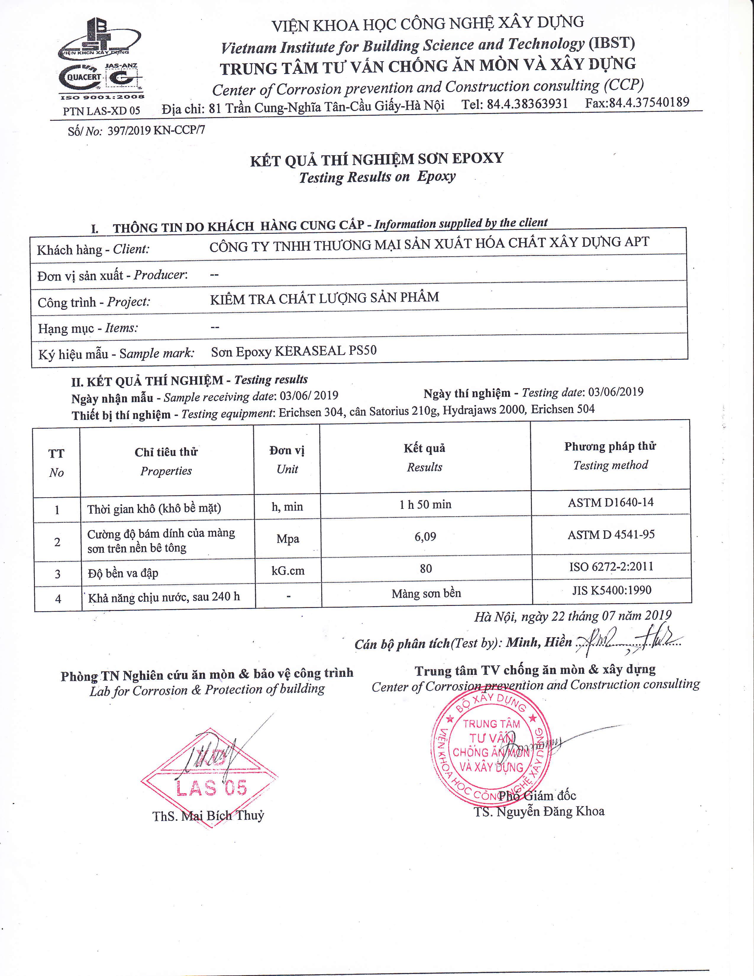 Kết quả thử nghiệm sơn epoxy PS50. Kết quả thử nghiệm sơn epoxy PS50.