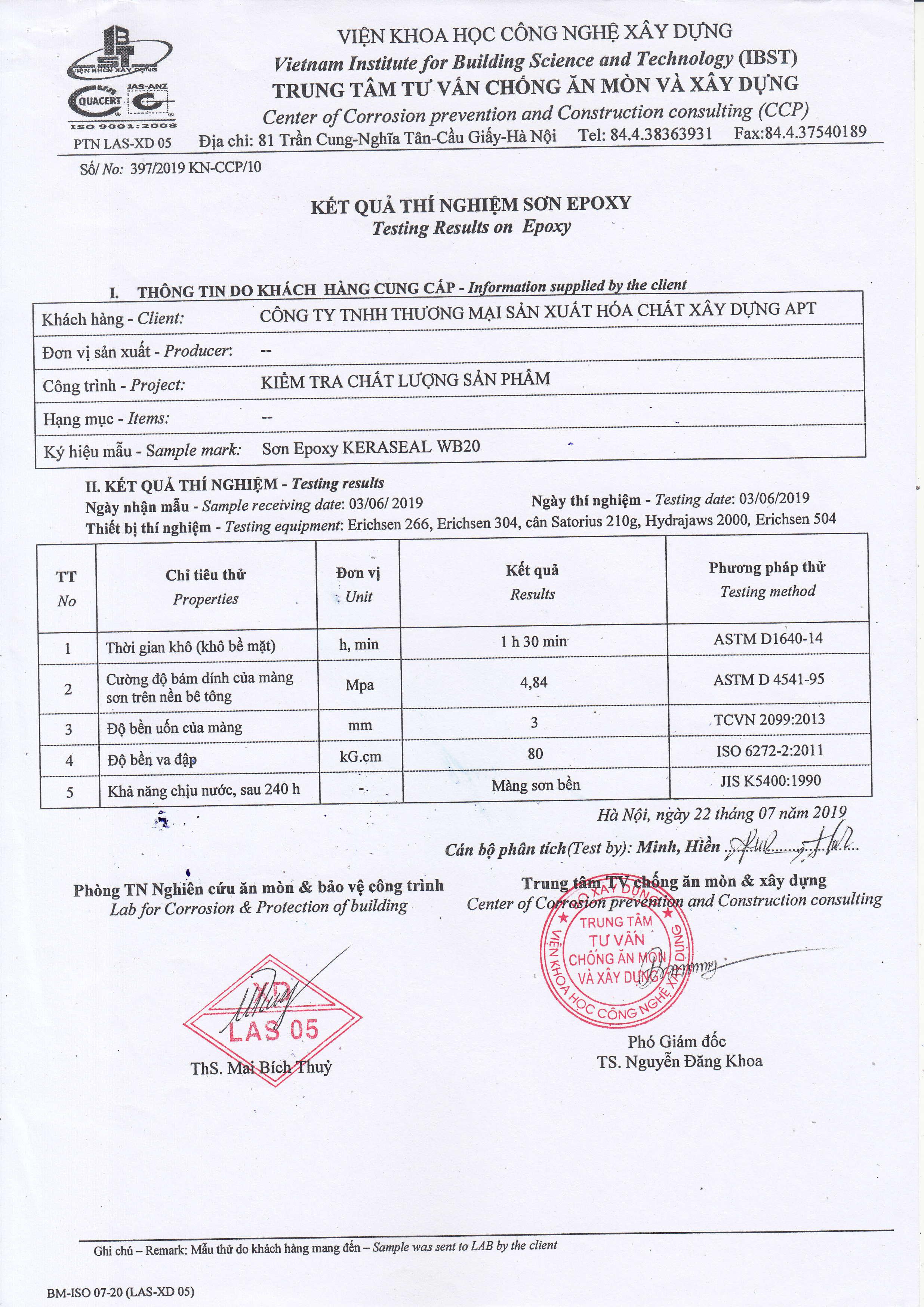 Kết quả thí nghiệm sơn phủ WB20. Kết quả thí nghiệm sơn phủ WB20.