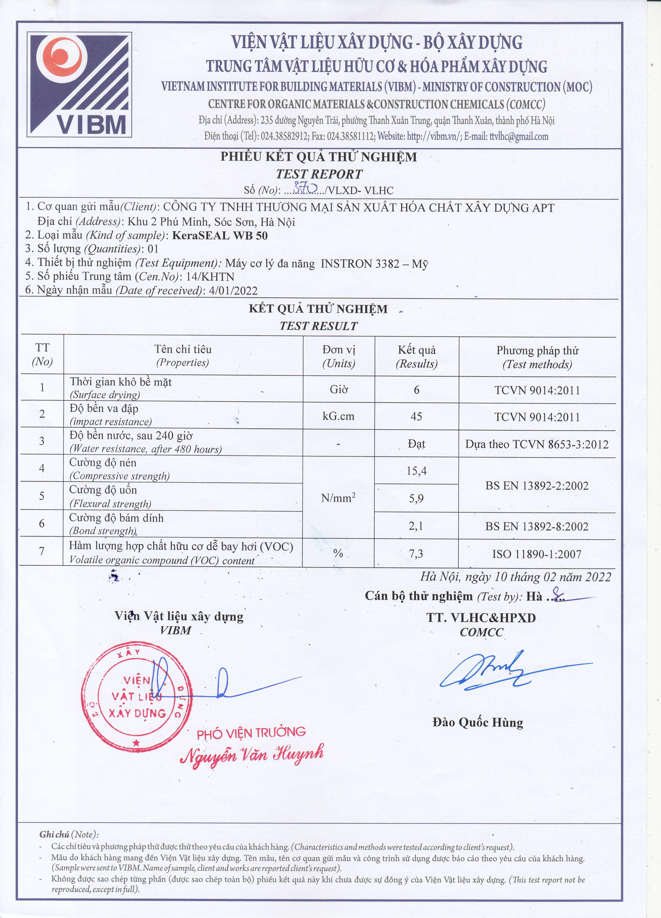 Kết quả thử nghiệm sơn lót WB50. Kết quả thử nghiệm sơn lót WB50.