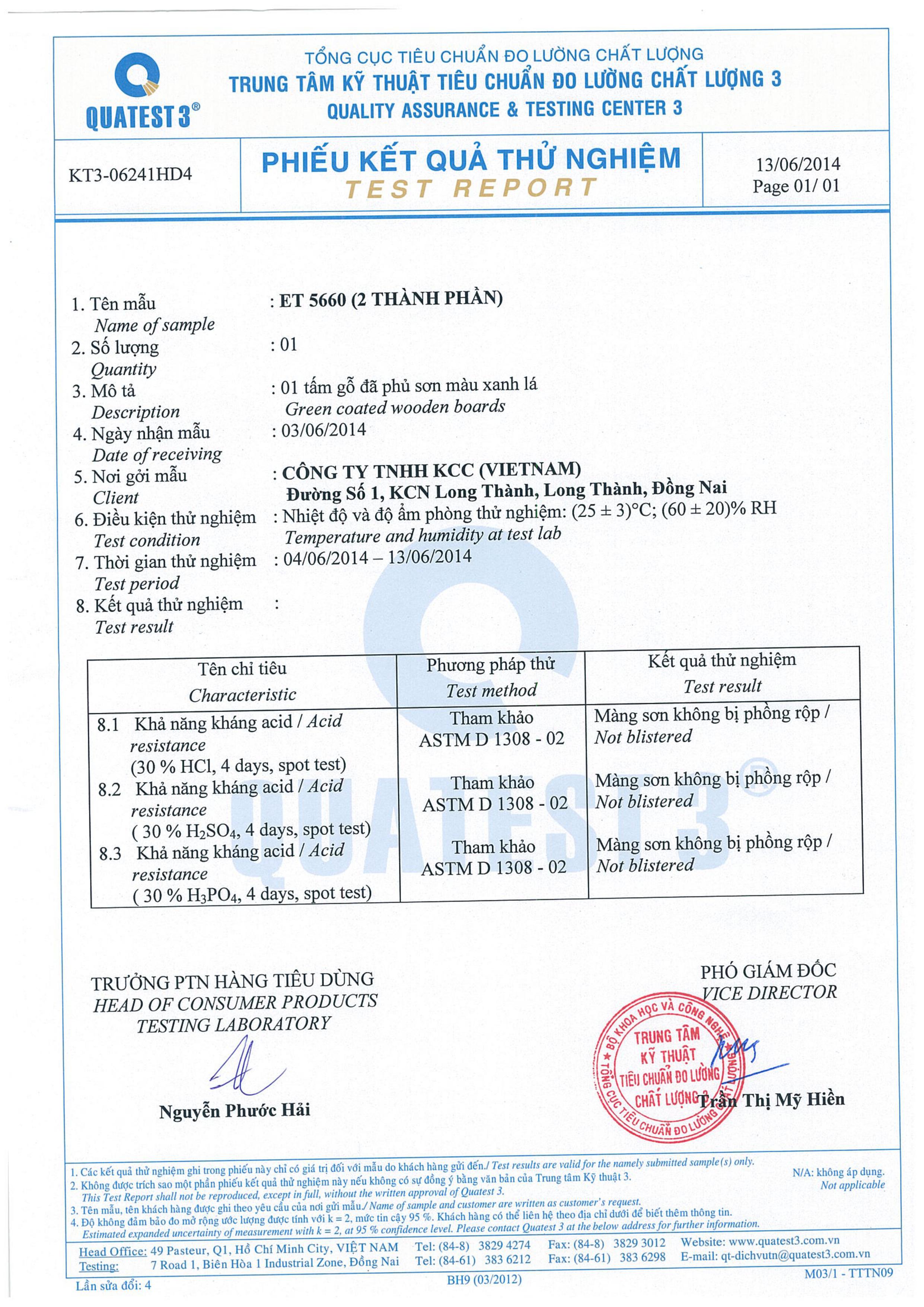Kết quả thử nghiệm sơn phủ ET5660. Kết quả thử nghiệm sơn phủ ET5660.