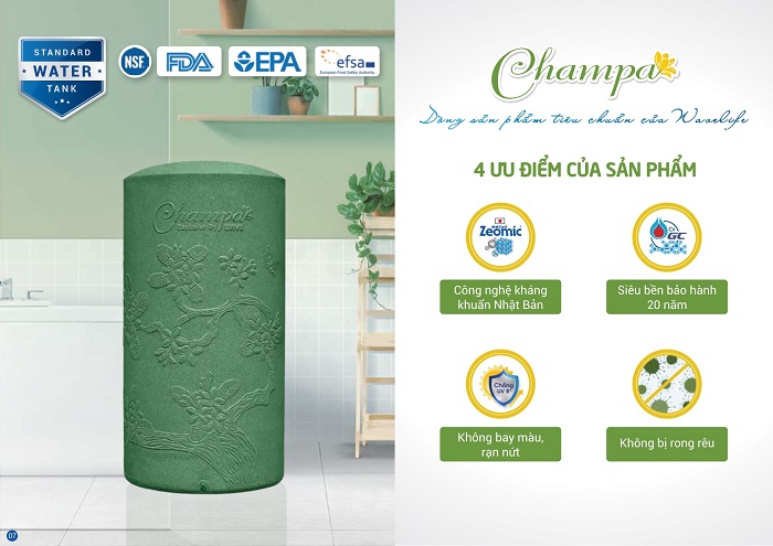 Bồn nhựa kháng khuẩn Champa Bảo hành lên đến 20 năm Bồn nhựa kháng khuẩn Champa Bảo hành lên đến 20 năm