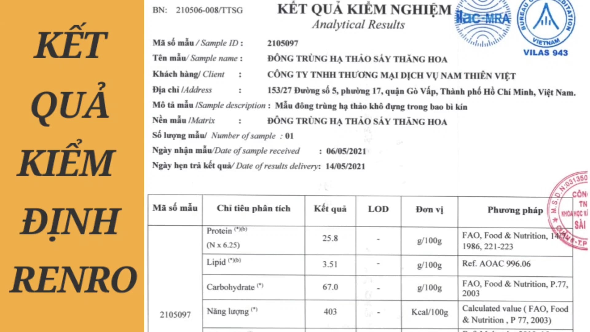 Kết quả kiểm định chất lượng đông trùng hạ thảo RenRo Kết quả kiểm định chất lượng đông trùng hạ thảo RenRo
