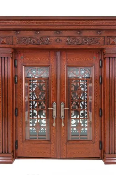 Cửa thép vân gỗ 2 cánh - Mã : 203 loại có kính cường lực 2 lớp