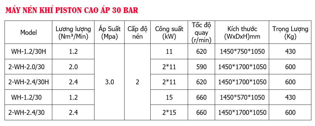 Thông số kỹ thuật máy nén khí áp 30 bar