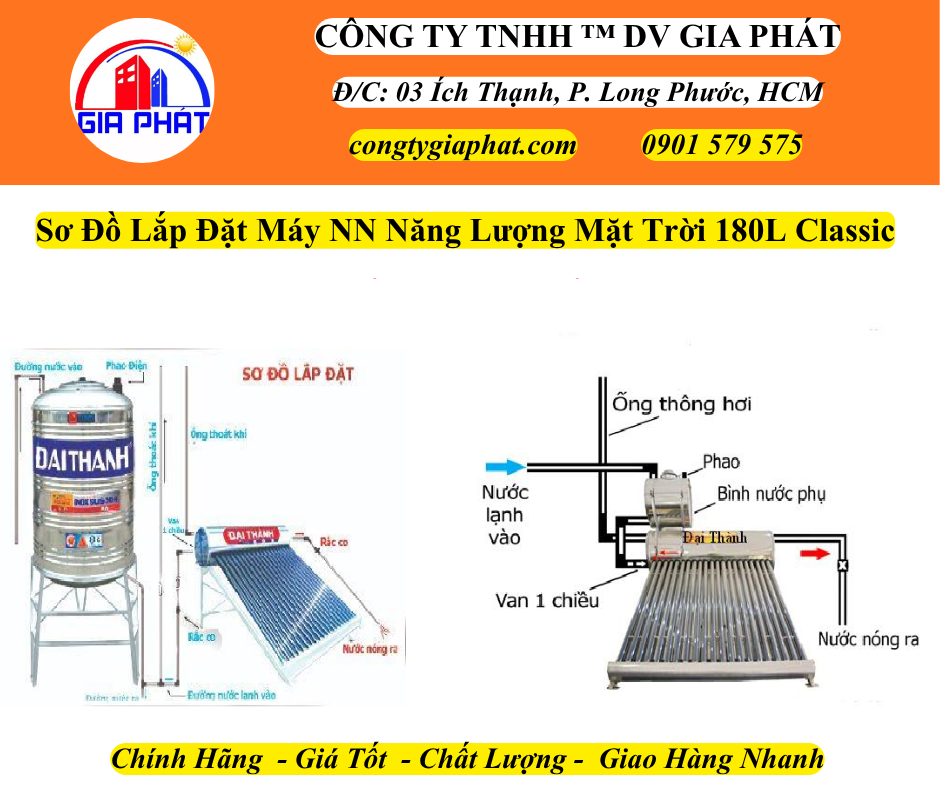 Sơ Đồ Lắp Đặt Máy NN Năng Lượng Mặt Trời Đại Thành 180L Classic