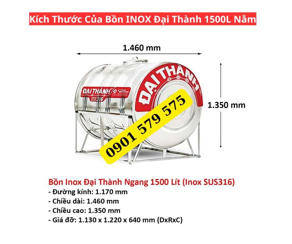 Kích Thước Bồn INOX 316 Đại Thành 1500L Nằm Ngang