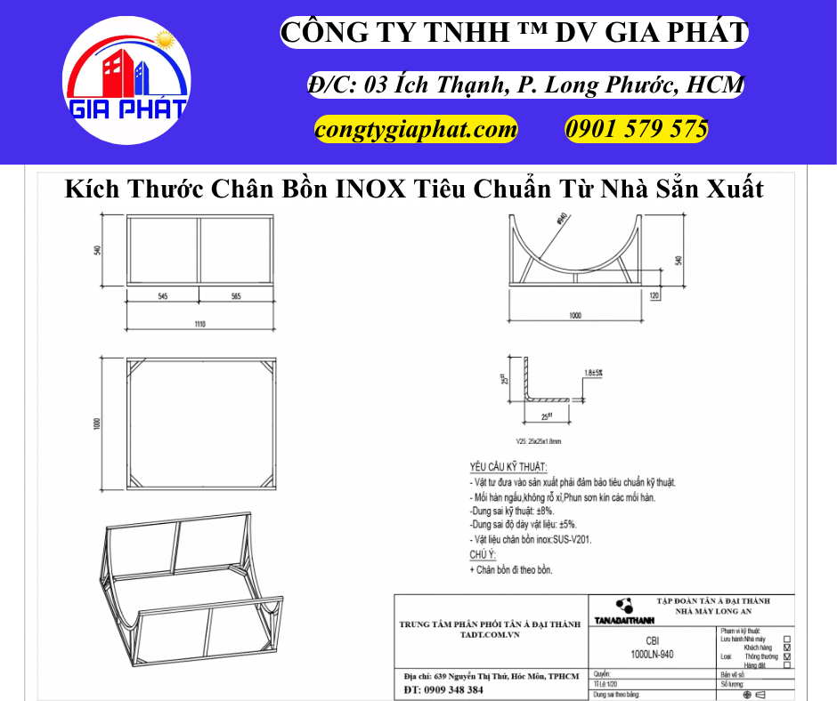 Kích Thước Chân Bồn INOX Tiêu Chuẩn Từ Nhà Sẳn Xuất