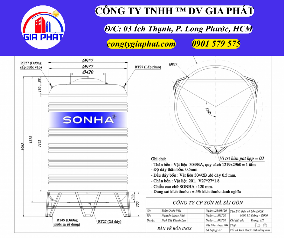 Kích Thước Bồn Nước INOX SƠN HÀ 1000L Đứng