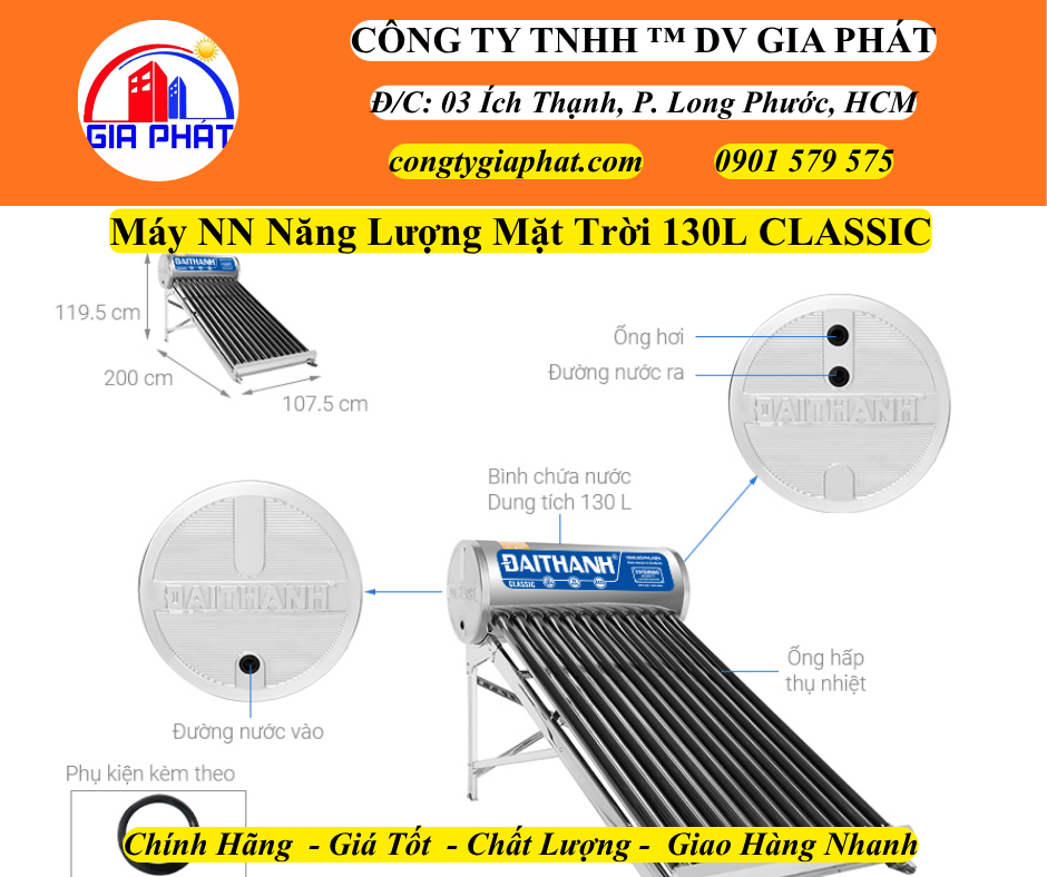 Kích Thước Và Dung Tích Máy NN Năng Lượng Mặt Trời Đại Thành 130L Classcic