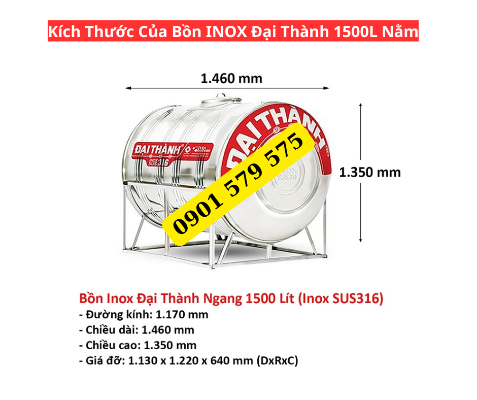 Thông Số Kỹ Thuật Của Bồn INOX 316 Đại Thành 1500L Nằm
