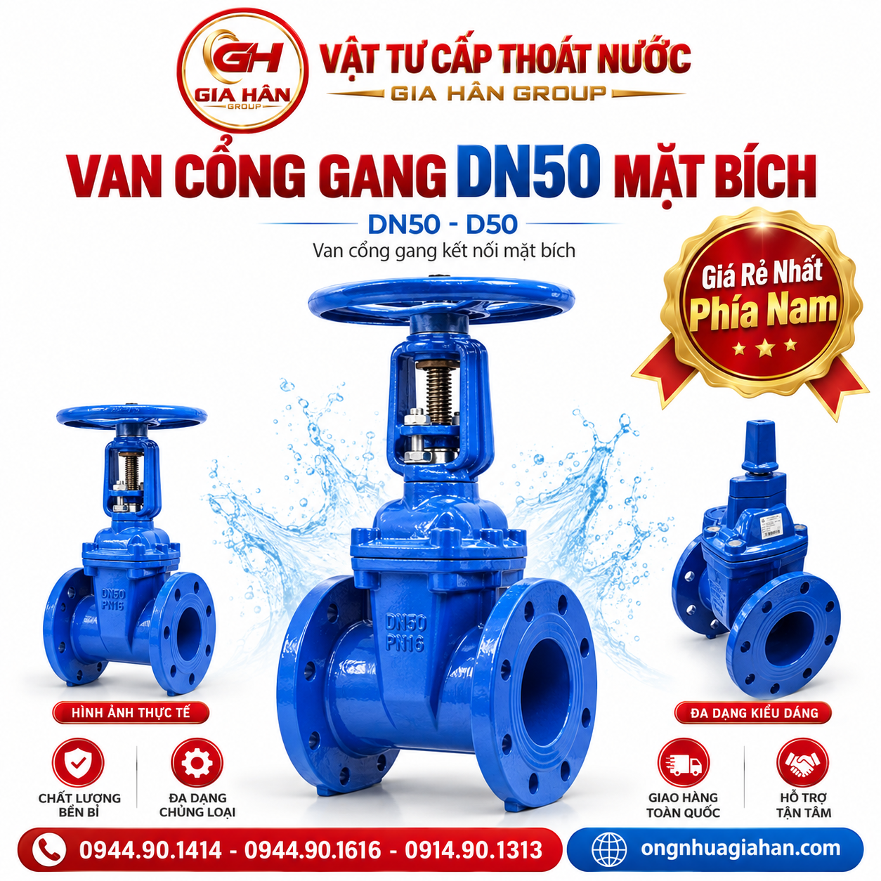 Van cổng gang DN50 ty chìm mặt bích sơn Epoxy đĩa bọc cao su