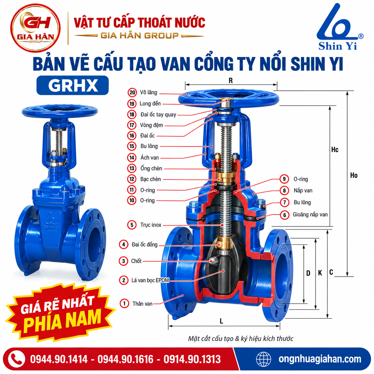 Bản vẽ mặt cắt cấu tạo và ký hiệu kích thước L, D, K, Hc, Ho của van cổng ty nổi Shinyi GRHX