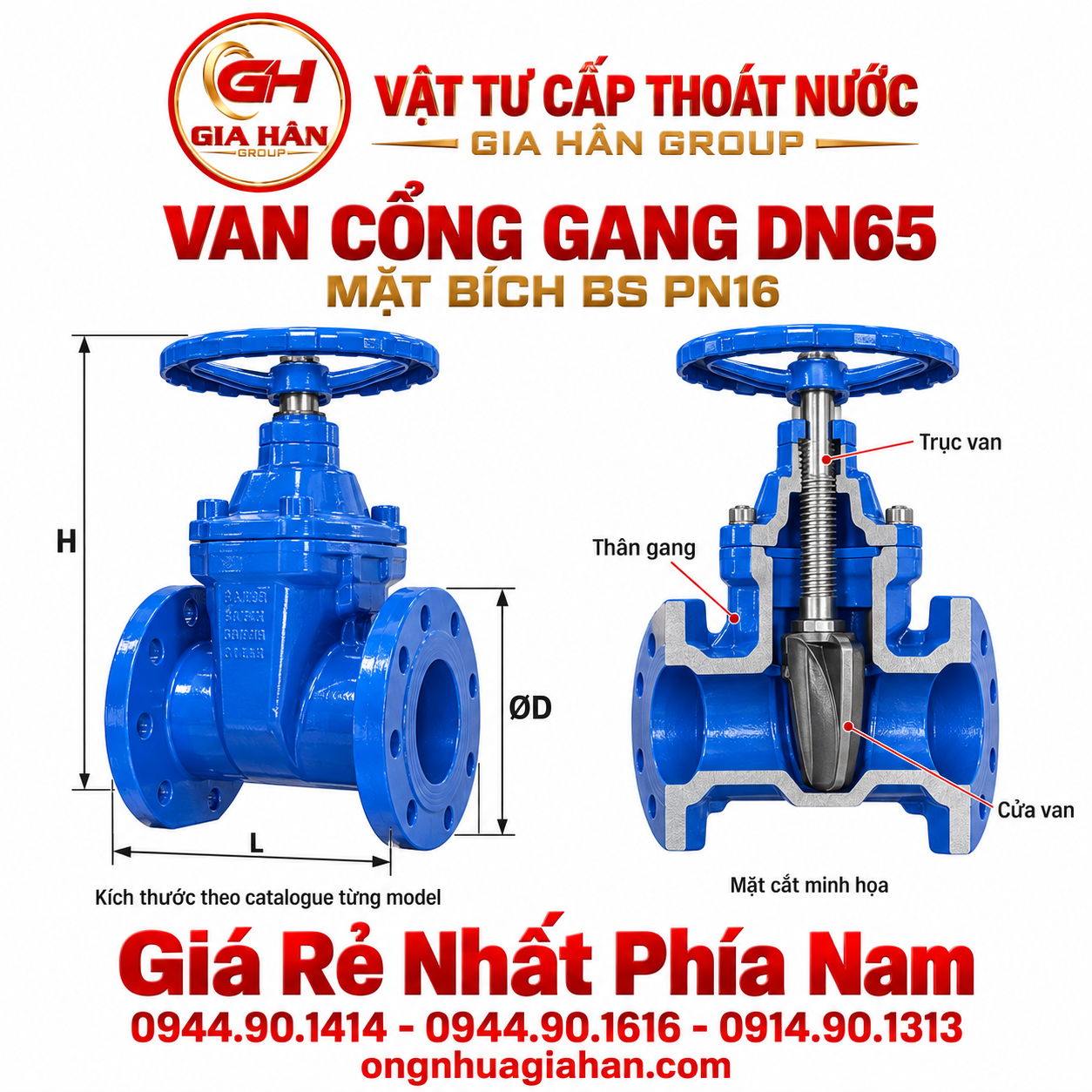 Bản vẽ cấu tạo kích thước van cổng gang DN65 mặt bích tiêu chuẩn BS PN16