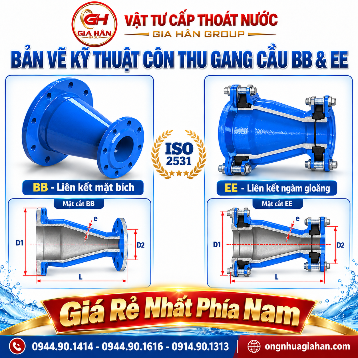 Bản vẽ kỹ thuật quy cách kích thước côn thu gang cầu BB EE