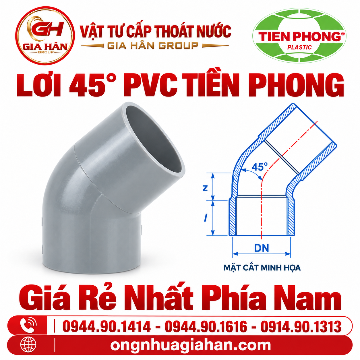 Bản vẽ kỹ thuật chiều dài nong keo l và khoảng cách z của lơi 45 độ uPVC Tiền Phong