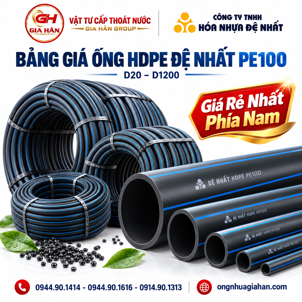 Ống HDPE Đệ Nhất PE100 dùng minh họa cho bảng giá theo quy cách