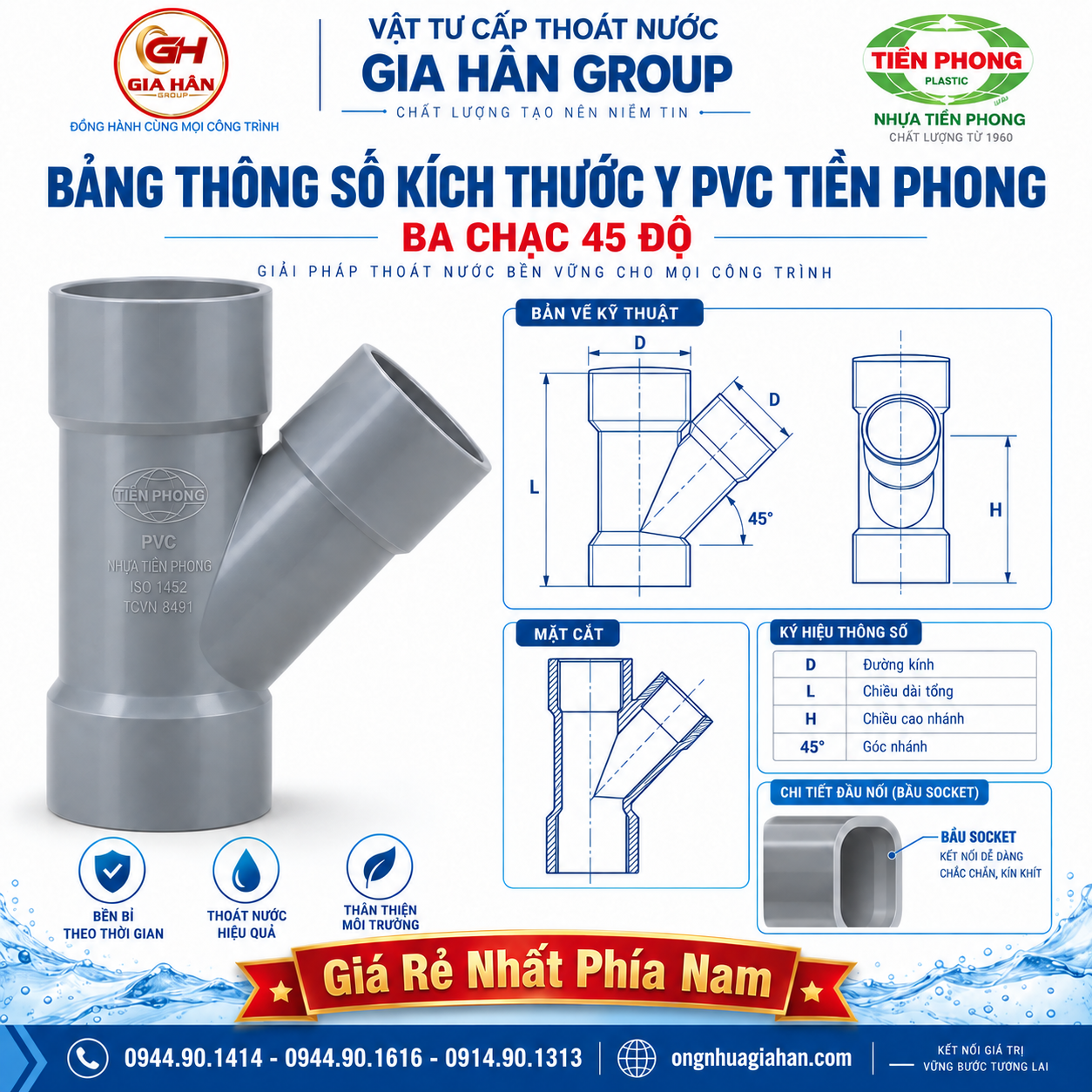 Bản vẽ cấu tạo và kích thước chữ Y nhựa PVC Tiền Phong