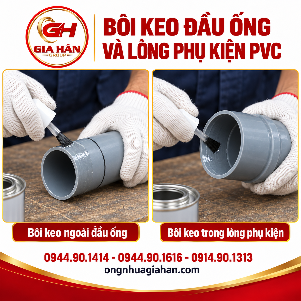 Bôi keo lên đầu ống PVC và mặt trong đầu nong phụ kiện