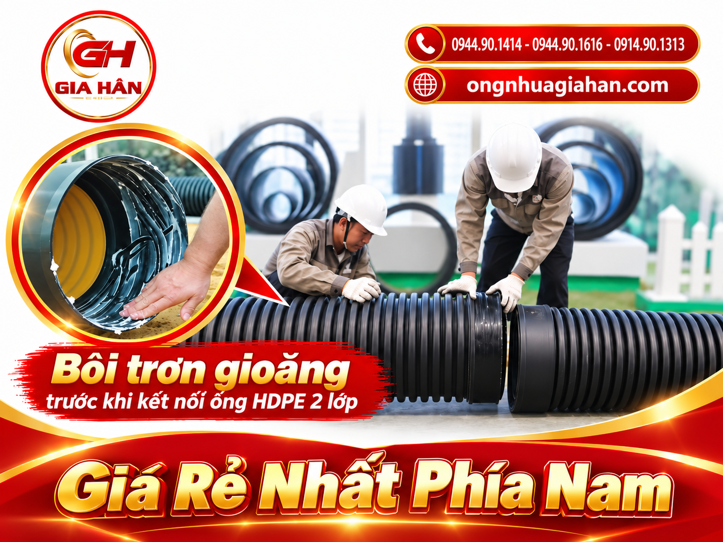 Bôi trơn gioăng trước khi kết nối ống HDPE 2 lớp
