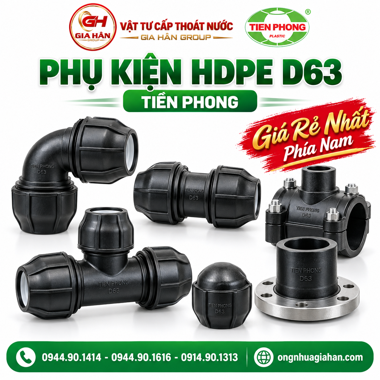 Các dòng phụ kiện siết ren D63 và bích chuyển đổi đồng bộ cho ống HDPE Tiền Phong.