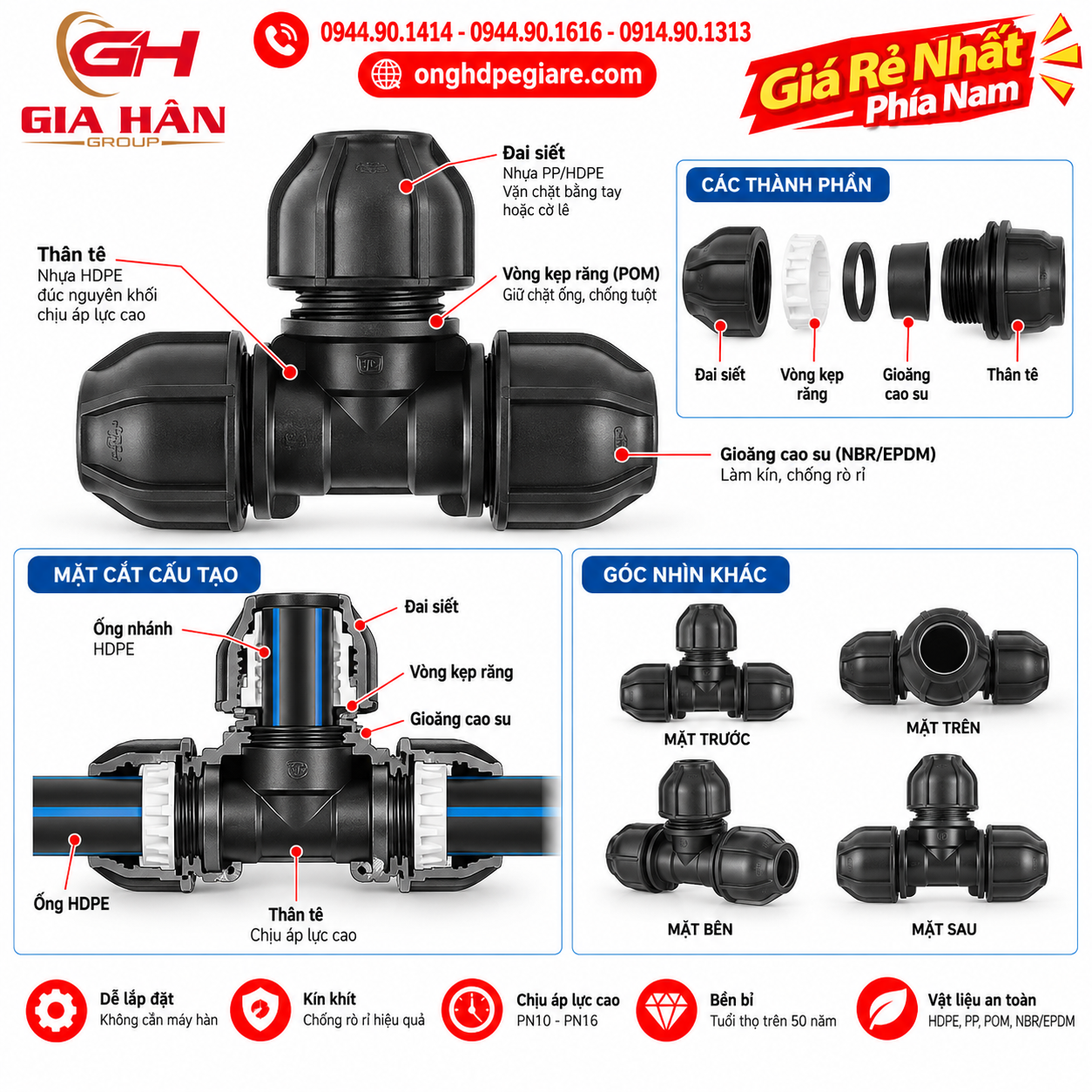 Cấu tạo chi tiết 5 thành phần tê HDPE Tiền Phong răng siết ba chạc 90 độ.