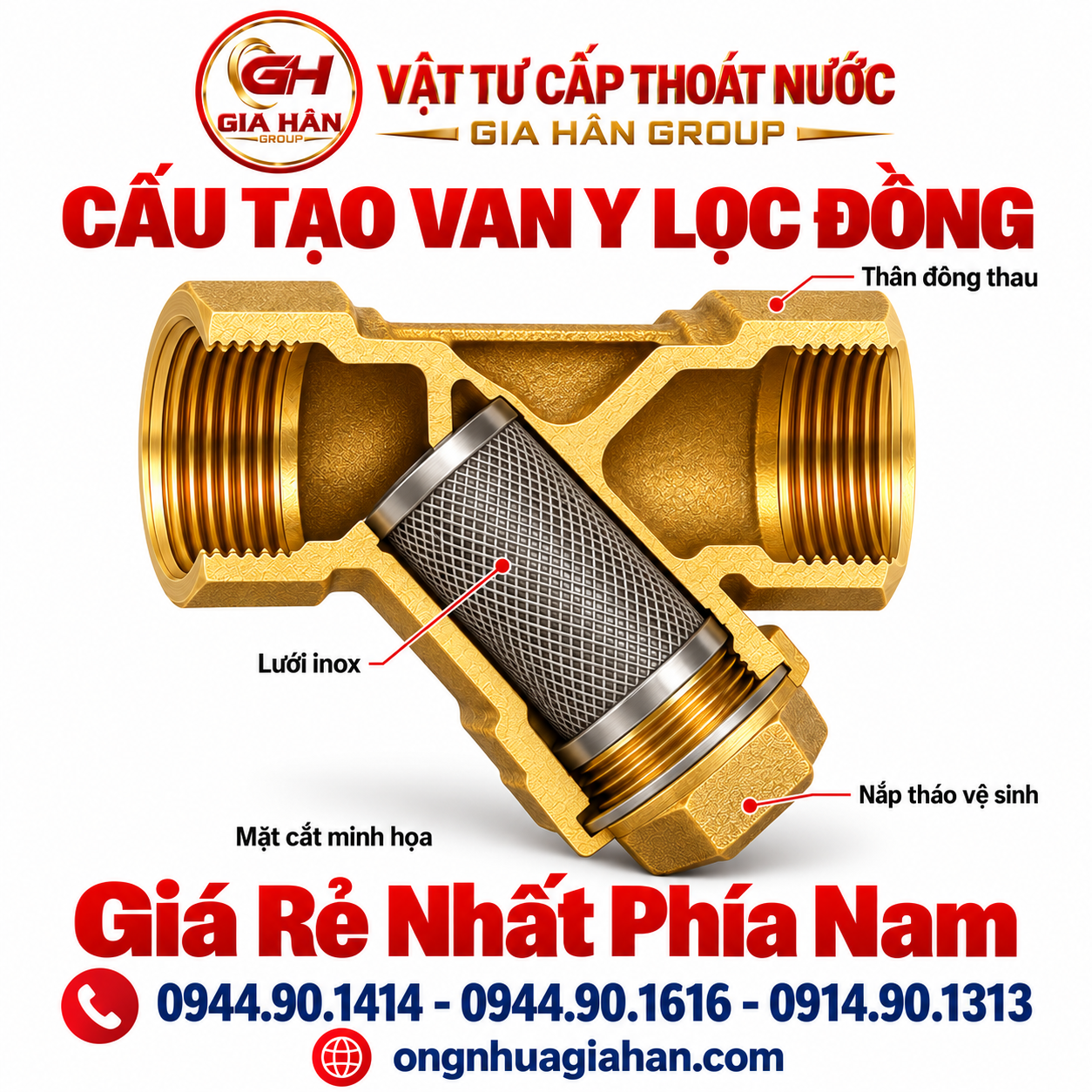 Bản vẽ mặt cắt chi tiết cấu tạo thân đồng và lưới inox van Y lọc đồng