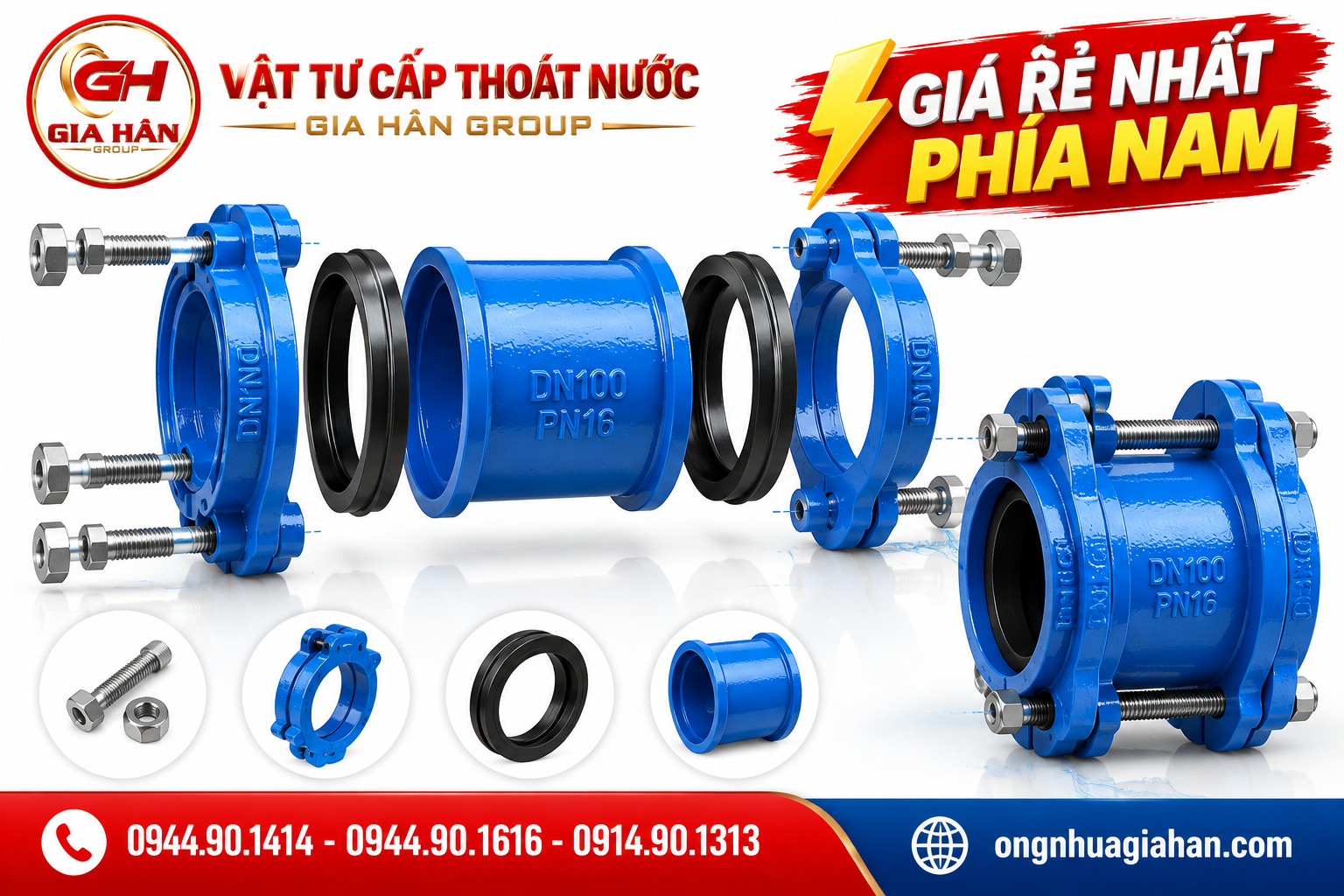 Cấu tạo khớp nối mềm gang FF gồm thân gang, vành ép, gioăng cao su và bu lông siết hai đầu
